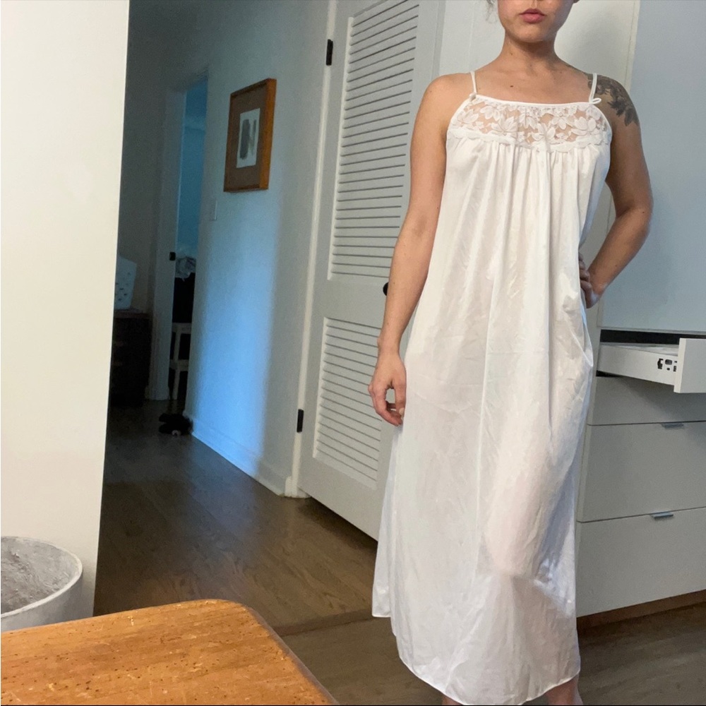 White satin slip night gown dress tank strappy lace maxi